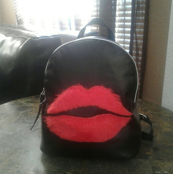 Handbags - Mini Backpack with Faux Fur Red Lips
